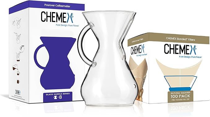 Chemex Bundle - 8-Cup Glass Handle Series - 100 ct Square Filters - Exclusive Packaging