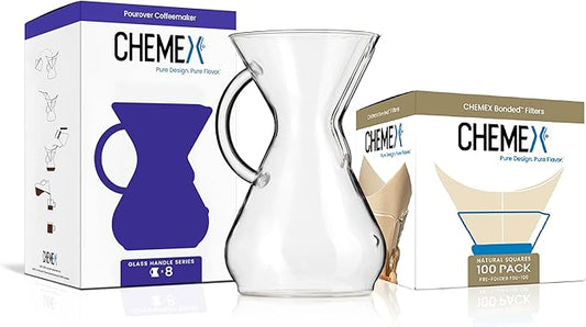 Chemex Bundle - 8-Cup Glass Handle Series - 100 ct Square Filters - Exclusive Packaging