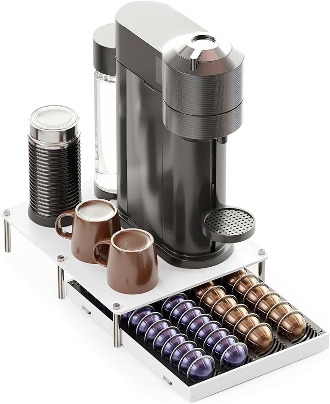 SpaceAid Bamboo Coffee Pod Holder Drawer Storage Compatible with Nespresso Vertuo Capsules, Coffee Station Accessories Holder Organizer Tray Compatible with 40 Big or 56 Small Pods, White