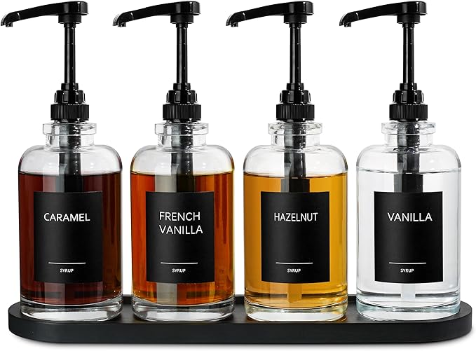 Coffee Bar Accessories, Syrup Dispenser With 1/4oz Large Capacity Pump - Glass Pump Dispenser for Station, Organizer, 4 Pack by ALPIRIRAL