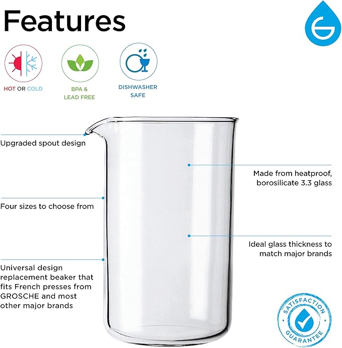 GROSCHE Universal French Press Replacement Glass Beaker, Borosilicate 3.3 Glass Carafe for Coffee & Tea, Heat-Resistant, Fits Most Coffee & Tea Press Makers, 34 fl. oz. (1000 mL)