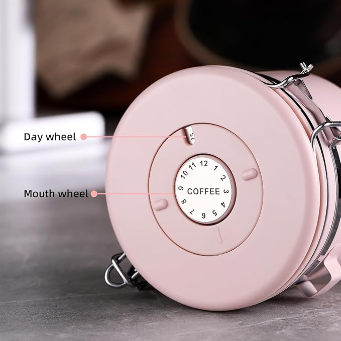 Bincoo Premium Pink Coffee Canister, 1500ml/18oz Large Airtight Stainless Steel Coffee Bean Storage Container with Date Tracker & Scoop (1500ML)