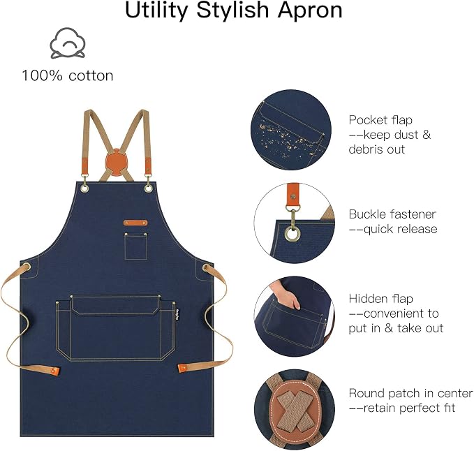 Chef Apron with Cross Back Straps for Men Women, Cotton Canvas Apron for Artists Painting, Kitchen Cooking - Image 3