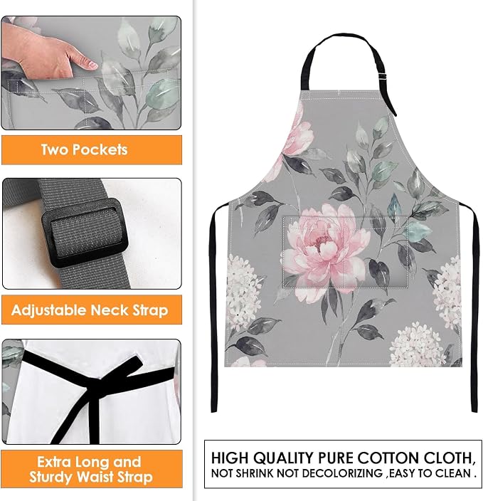Britimes Apron with Pockets, 32x28 inch, for Women Men, Floral Grey | Pink Flower Leaves Waterproof Adjustable Bib Aprons for Kitchen Cooking Baking Painting Gardening - Image 4