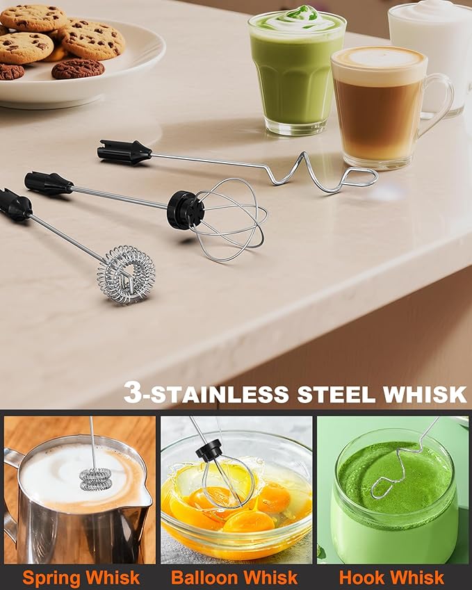 Rechargeable Handheld Milk Frother Wand with 3 Whisks & Storage Box, 3-Speed Electric Drink Mixer for Latte, Cappuccino, Hot Chocolate, Matcha and Eggs, Kitchen & Coffee Gift Set