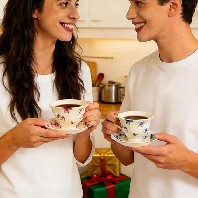 Fancy Ceramic Tea Cups and Saucers Set of 2, 8 oz Cappuccino Cups with Gold Spoons, Small Cream Blue & Red Floral Latte Art Cups, Happy Birthday Gifts