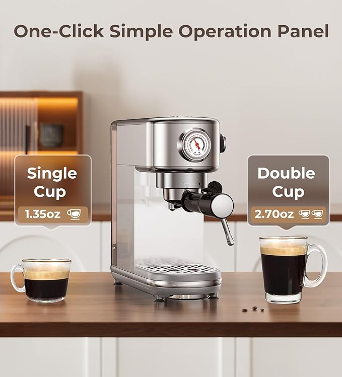 Espresso Machine with Milk Frother, 20 Bar Pressure Espresso Maker, with 44OZ Removable Tank, Compact Stainless Steel Coffee Machine for Home, Office, Latte, Cappuccino, Macchiato, Silver