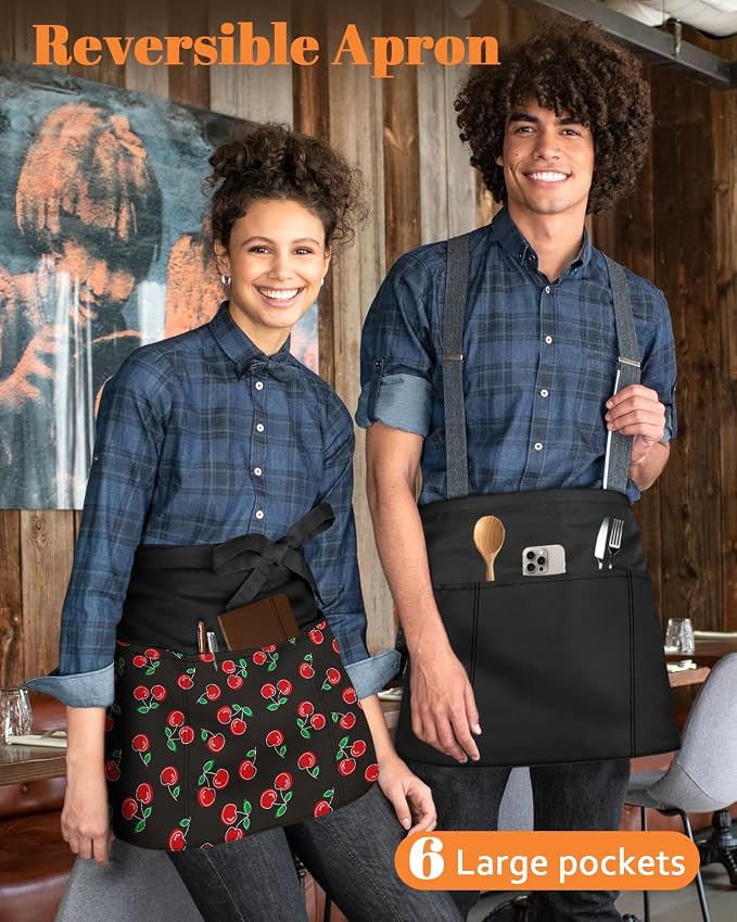 Slohif Reversible Server Apron 6 Pockets - Waist Apron for Waitress Women Half Serving Short Apron for Waiter - Image 3