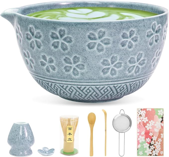 8 PCS Matcha Whisk Set, Japanese Tea Set includes Matcha Bowl Tea Making Tools Kit Ceramic Whisk Holder Stand, Sifter, Scoop Japanese Tea Tools For Ceremony Gift-Blue