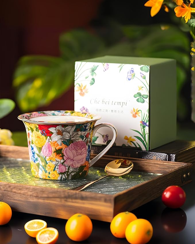 15oz Ceramic Coffee Mug – French Vintage Garden Style Cup with Multicolor Floral Design & Gold Rim, Artistic Pottery Gift Mug for Women