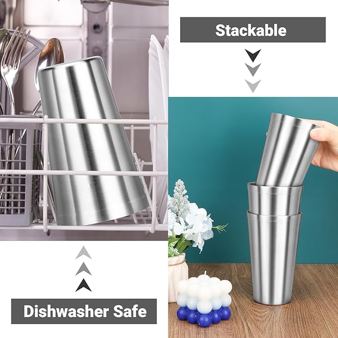 Stainless Steel Cups, 16 oz Insulated Tumbler, 12 Pack Double Wall Unbreakable Stackable Water Tumblers Insulated Metal Cup Premium Drinking Glasses for Travel Camping Home Outdoor