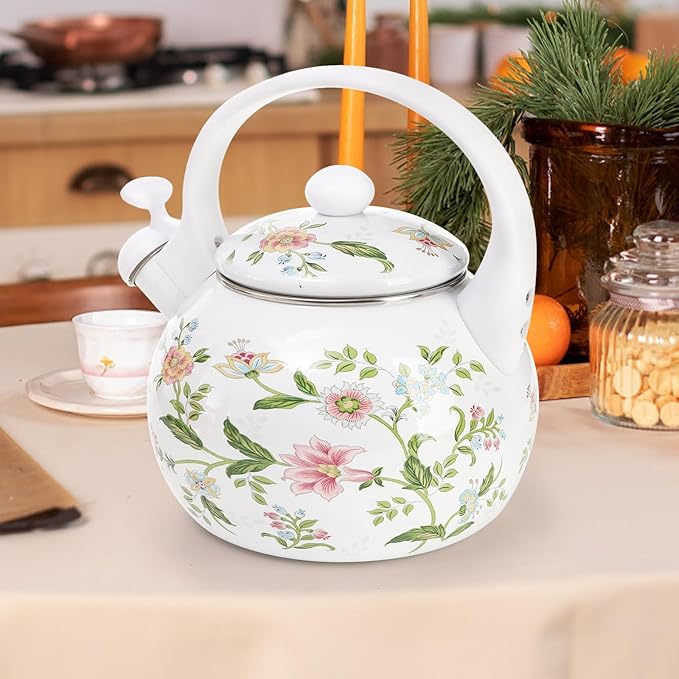 Jucoan 2.3 Quart Vintage Enamel Tea Kettle, Whistling Tea Kettle for Stove Top, Floral Enamel on Steel Teakettle Teapot for Home Kitchen Camping, Gift for Wedding Housewarming Thanksgiving Christmas