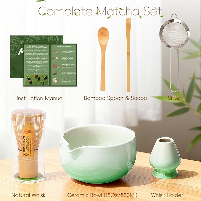 Matcha Whisk Set, Ceramic Matcha Set Includes Bowl & Holder, Bamboo Whisk (Chasen), Scoop, Spoon and Sifter, 6PCS Matcha Kit Covers Everything Needed for Making Matcha (Green)