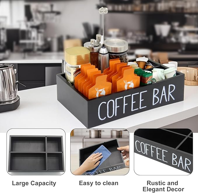 Coffee Station Organizer with Removable Dividers Disposable Cup Holder Wooden Countertop Organizer for Tea Condiment Accessories Storage Farmhouse Bar Decor Black (Black) - Image 3