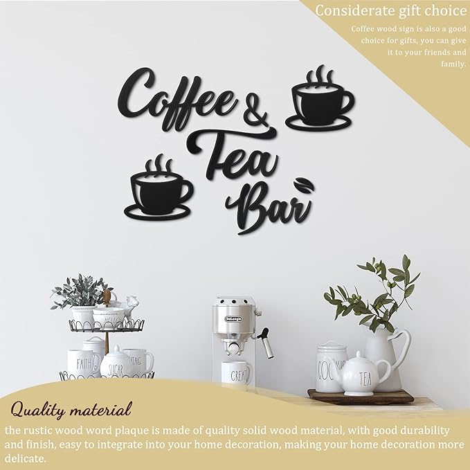 Queekay 7 Pieces Coffee Bar Sign Rustic Wall Decor Art Wooden Sign with Coffee Beans and Cups Decor for Bar Counter Home Office Kitchen