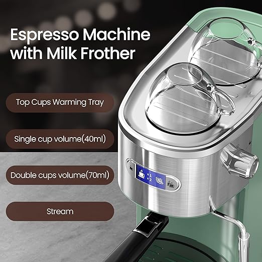 20 Bar Espresso Machine, Professional Stainless Steel Coffee Maker with LCD Display, 45oz Removable Water Tank, Home & Office Espresso Maker for Cappuccino Latte Macchiato, Green