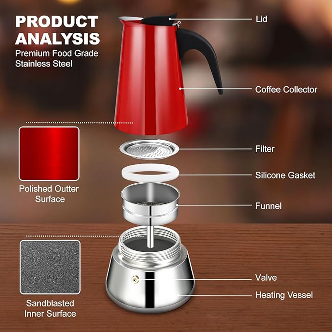 9 Cup Stovetop Espresso Maker Stainless Steel Moka Pot Stove Top Percolator Italian Coffee Makers Capable Mocha Greca Machine Cafe Classic Induction Cookers for Home and Camping 450ml 15oz