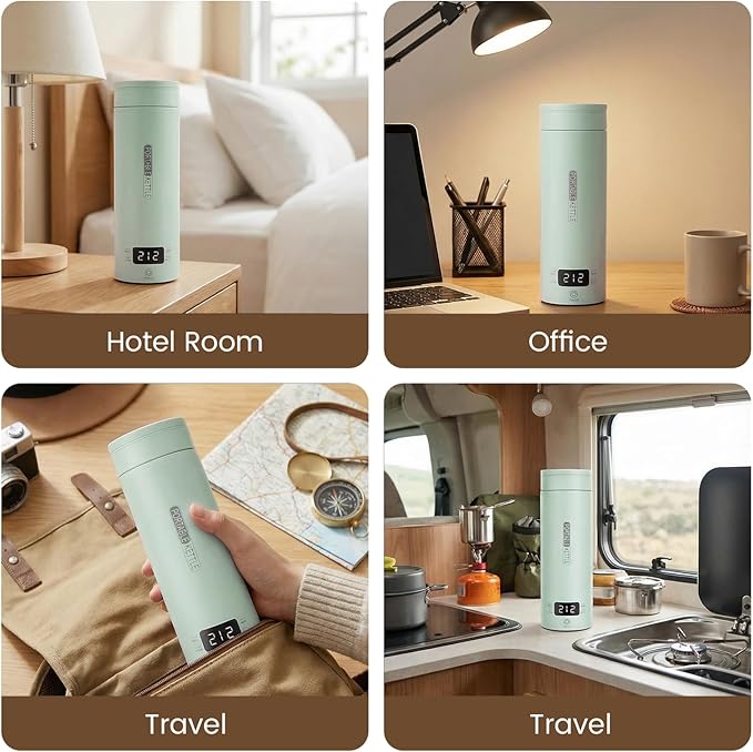 Portable Electric Kettle forTravel, Small Hot Water Kettle with NTC Temperature Control and Auto Shut-Off, 316 Stainless Steel, Green 110V & 15oz