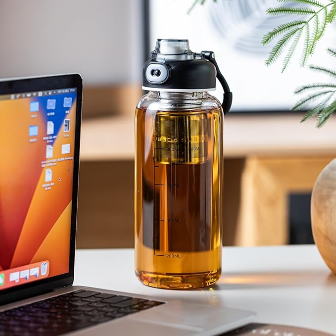 34oz Glass Water Bottle with capacity Mark & Stainless Steel Tea Strainer-Large Capacity for Hot/Cold Drinks,Coffee,Tea,and Water-Includes Protective Sleeve,Perfect for Home,Office (34oz)