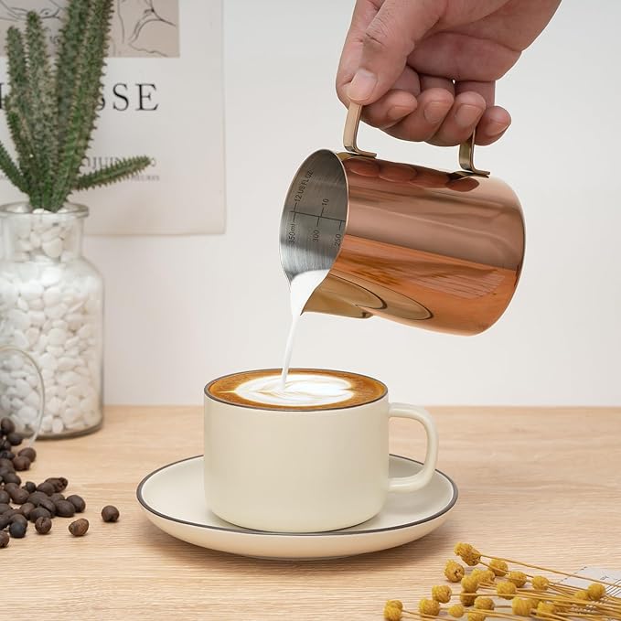 Milk Frothing Pitcher, 12 oz Milk Frother Cup with Clear Scale, 304 Stainless Steel Cappuccino Espresso Machine Accessories for Barista Coffee Bar with Latte Art Pen, Rose Gold