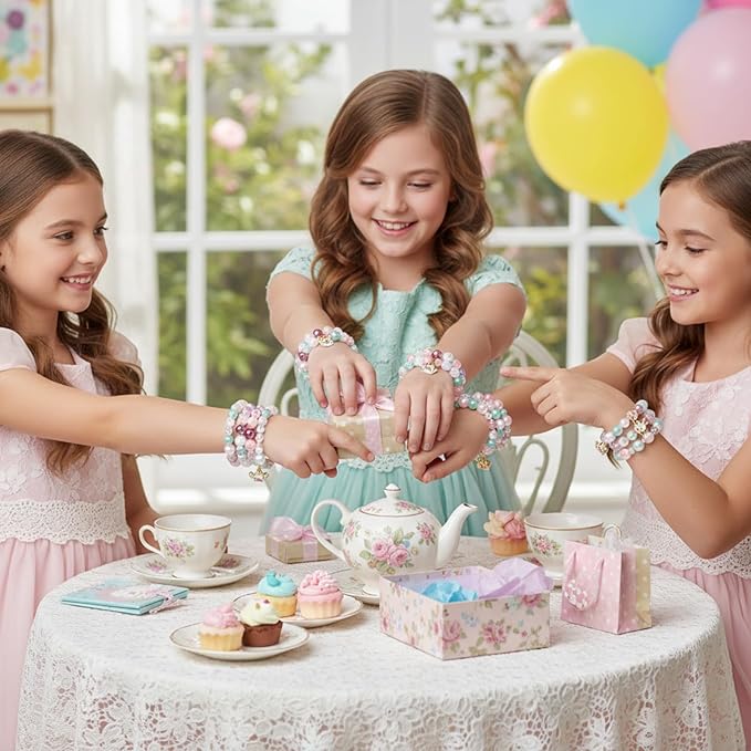 Ecally 6 Pcs Tea Party Favors Bracelet Bulk Mini Flower Tea Pot Beaded Bracelet Gift Party Supplies Pot Pendant Accessories Decorations for Kids Girl