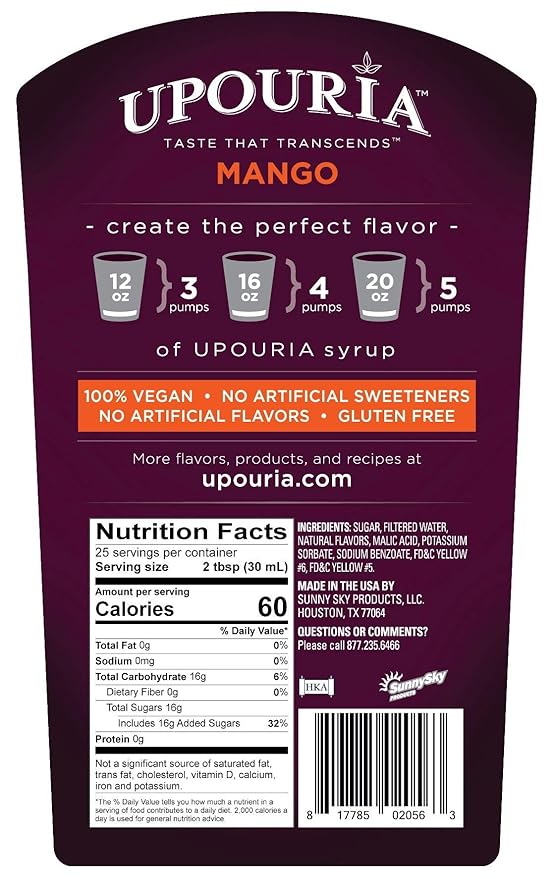 Upouria Coffee & Tea Syrup Variety Pack, Raspberry, Mango, and Peach Flavoring, 100% Vegan, Gluten-Free, Kosher, 750 mL Bottles with 3 - Coffee Syrup Pumps