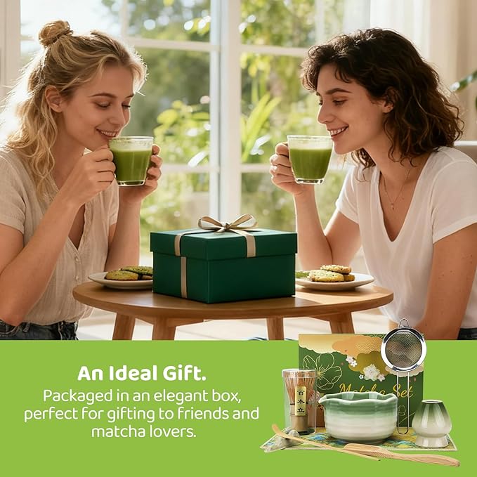 8PCS Matcha Whisk Set, Ceramic Matcha Kit Set, Japanese Tea Ceremony Tools with Matcha Bowl, Spoon, Bamboo Whisk, Holder, Sifter, Tea Cloth, Scoop and Scoop Stand (Dark Green and White)