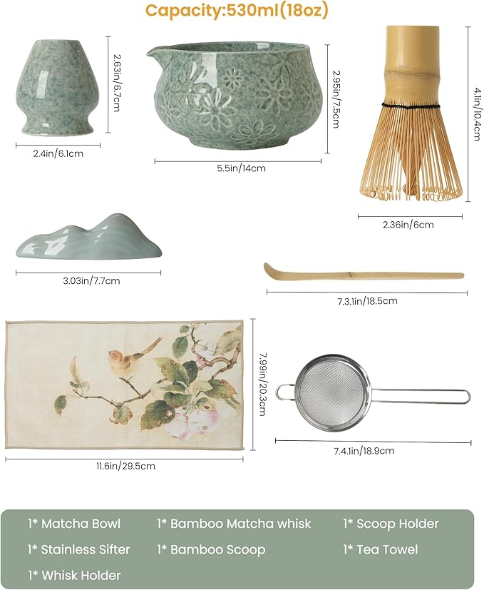Matcha Whisk Set-7-Piece Ceramic Matcha Kit for Matcha Lovers,Includes 18 oz Matcha Bowl,Bamboo Matcha Whisk & Holder,Bamboo Scoop,Scoop Rest,Sifter,and Tea Towel(Blue)