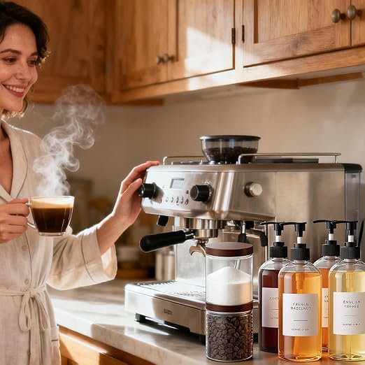9 Pcs Coffee Syrup Dispenser Set 16.9 Oz/500 ml Plastic Coffee Syrup Dispenser Pump Bottle Pet Jar with Lids Gold Spoon and Labels for Home Bar Organization - Image 7