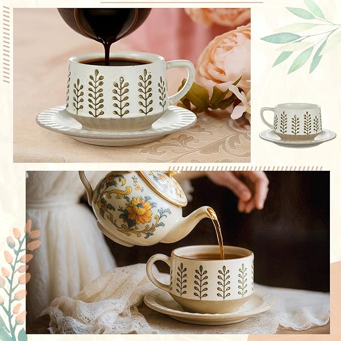 LemonRoad 1 Set Vintage Tea Cup and Saucer Set Floral Tea Cup with Saucer 10oz Porcelain Vintage Coffee Mugs for Spring Party Birthday Gift Coffee (Leaves Design)