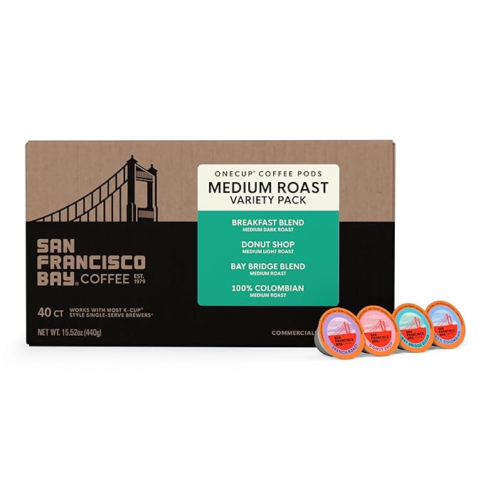 San Francisco Bay Compostable Coffee Pods - Variety Pack Medium Roast (40 Ct) K Cup Compatible including Keurig 2.0, Colombian, Breakfast, Organic Rainforest, Donut Shop