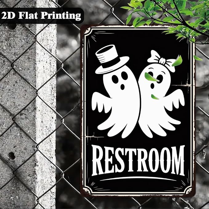 Vintage Halloween Ghost ''Restroom'' Metal Tin Sign - 8x12 Inch, Cute Ghost Bathroom Sign For Toilet, Cafe, Garage, Office Decor, Halloween Party Accessories, Halloween Decor - Image 4