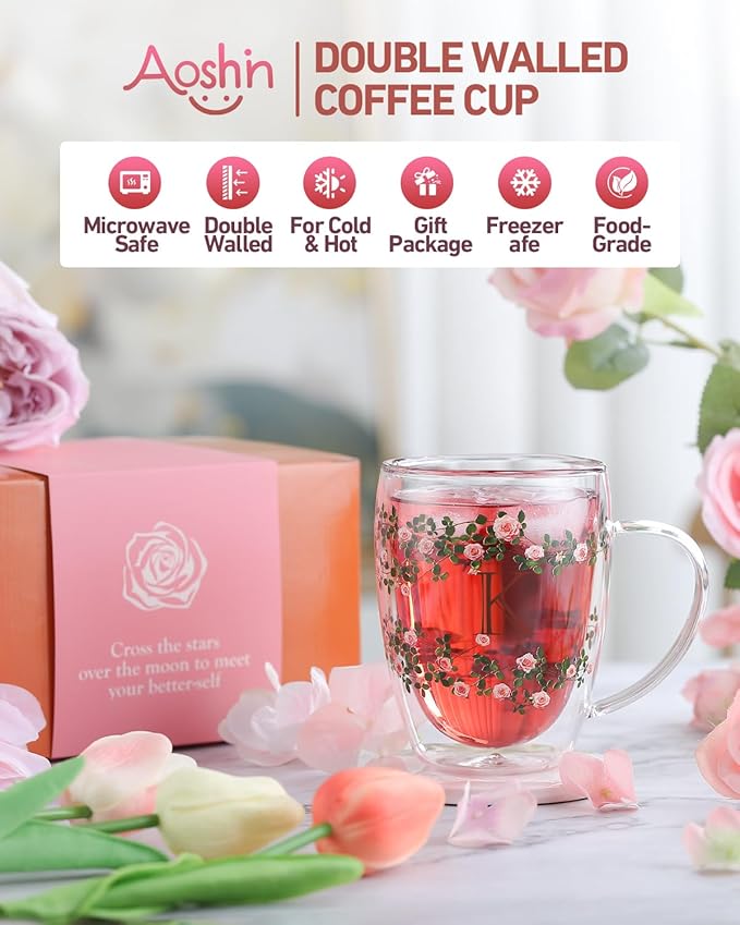 Initial Glass Cup for Women, 12oz Rose Double Walled Glass Coffee Mugs, Personalized Gifts for Women, Initial Coffee Tea Mug with Scarf, Birthday Gifts for Her Mom Friend (ROSE-P)