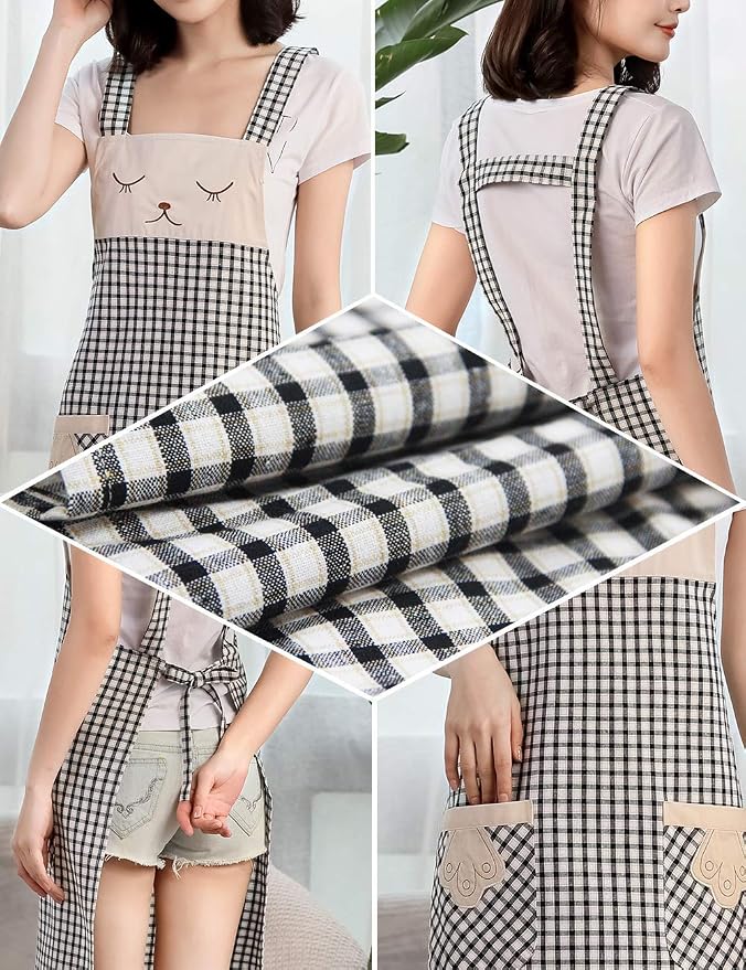 NEWGEM 100% Cotton Cute Plaid Apron with Pockets - Korean Style H-Back Cat Pinafore for Kitchen Cooking, Housewife (Black/White Cat) - Image 5