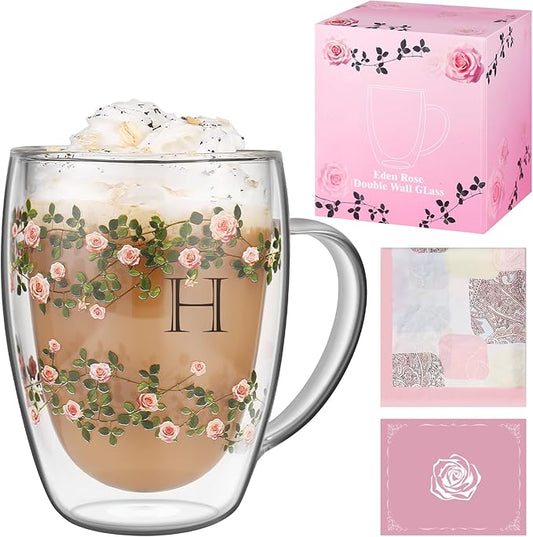 Initial Glass Cup for Women, 12oz Rose Double Walled Glass Coffee Mugs, Personalized Gifts for Women, Initial Coffee Tea Mug with Scarf, Birthday Wedding Gifts for Her Mom Teacher