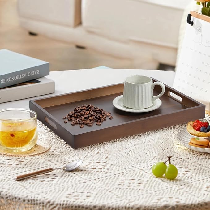 17.3‘’x11.8''x1.57''Large Bamboo Wooden Tray with Handles, Rectangular Natural Solid Wood, Walnut Brown Color Serving Tray.Suitable for Kitchen,Bedroom,Breakfast,Coffee,Decorative,Party Bars.