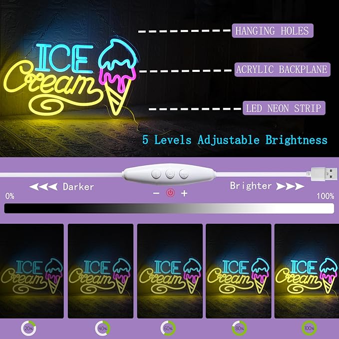 Ice Cream Neon Sign for Wall Decor, Ice Cream Shaped LED Signs Colorful Neon Light Up Sign USB Dimmable Letter Neon Wall Sign for Bedroom Restaurant Cafe Drink Bar Business Ice Cream Shop