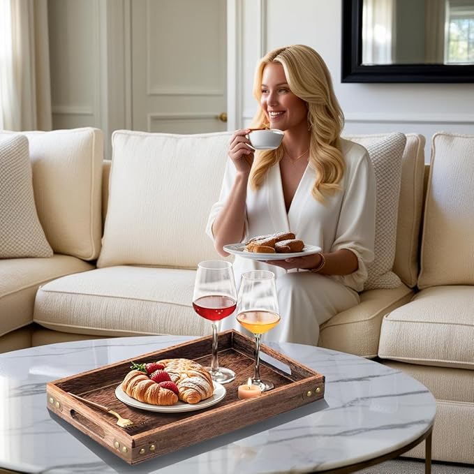 Serving Tray with Handles,15.8"x 11" Wood Decorative Tray for Living Room, Modern Coffee Table Tray, Square Large Serving Platters for Home Decor, Ottoman, Bed, Kitchen, Bathroom, Breakfast, Bar