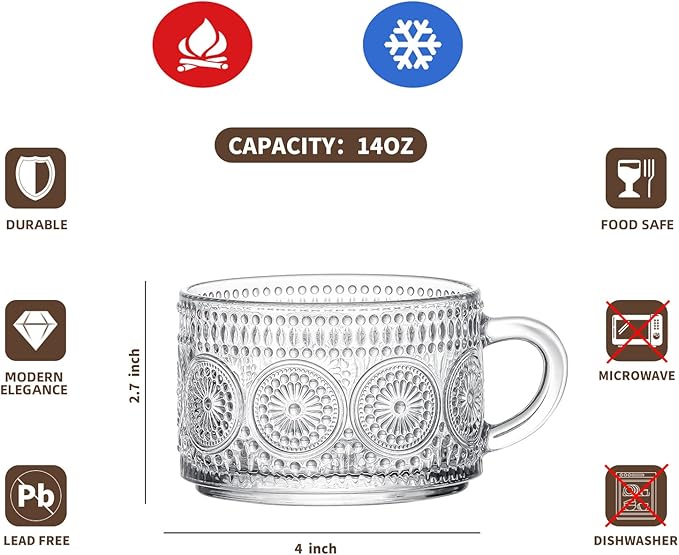 Gezzeny Vintage Coffee Mugs with Saucers 14 Oz Set of 2 Embossed Glass Cups, Tea Cups, Glass Coffee Cups for Cappuccino, Latte,Cereal, Beverage Birthday Valentine's Day Gifts