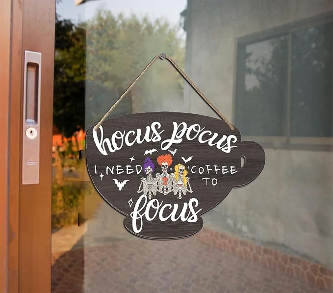 Hocus Pocus I Need Coffee to Focus Wood Sign Hanging Sign for Home Halloween Coffee Bar Coffee Station Cafe Office Coffee Station Decor Signs 4.8x6.78 Inch - Image 6