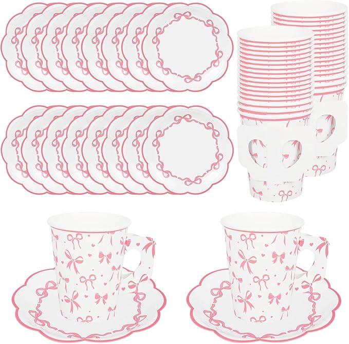 48 Pcs Pink Paper Tea Cups and Plates Pink Bow Party Supplies Bowknot Disposable Paper Teacups and Saucer Set Coquette Birthday Decor for Mother's Day Wedding Baby Shower Party, Serve 24