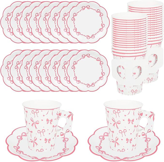 48 Pcs Pink Paper Tea Cups and Plates Pink Bow Party Supplies Bowknot Disposable Paper Teacups and Saucer Set Coquette Birthday Decor for Mother's Day Wedding Baby Shower Party, Serve 24