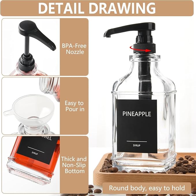 3 Pack 16.9oz (500ml) Glass Coffee Syrup Dispenser with Pump, Syrup Pump Dispenser for Coffee Bar, Coffee Syrup Bottles with Labels - Image 2