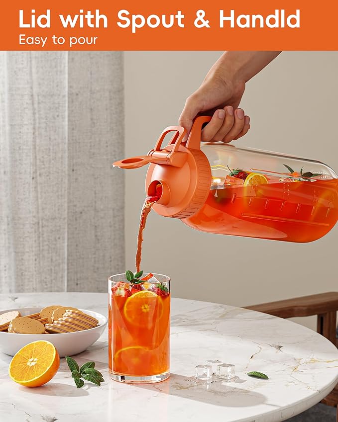 Glass Pitcher with Airtight Lid and Spout, 64oz Mason Jar Pitcher - Wide Mouth, Leakproof Water Jug for Juice, Sun Iced Tea, Cold Brew Coffee, Milk Storage, Orange
