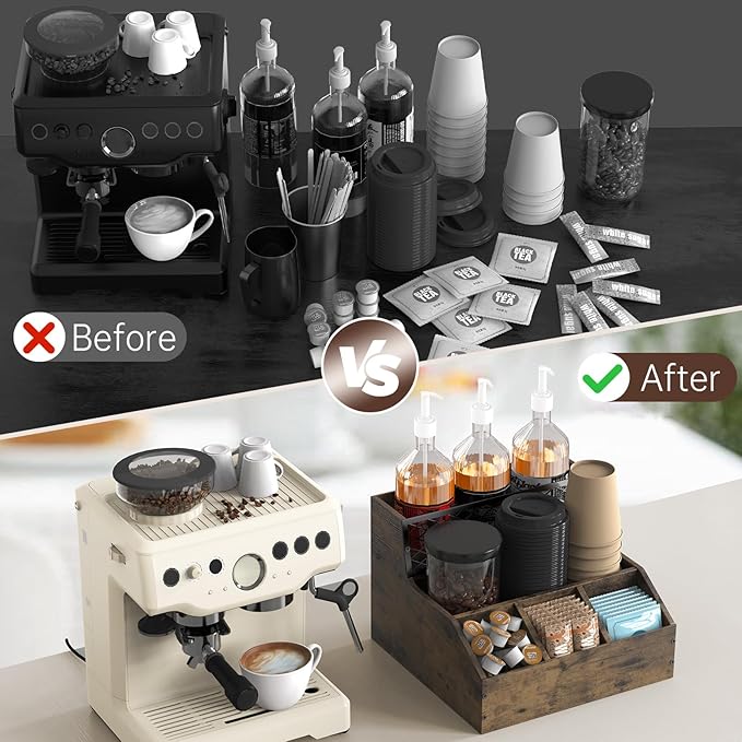 Coffee Station Organizer for Countertop, Wood Coffee Bar Organizer, Tea Condiment Storage for Pods, Syrup, Cups, Stirrer, Tea, Kitche Office Countertop, Brown