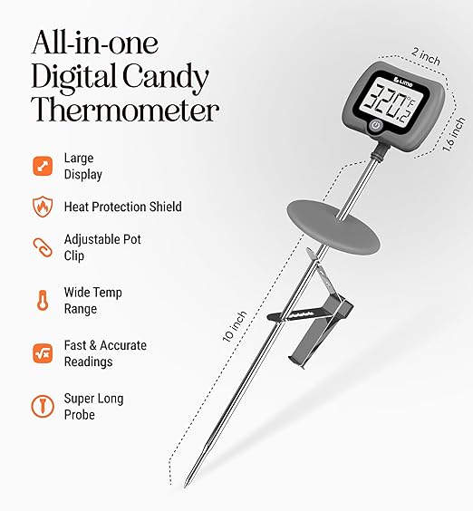 Digital Candy Thermometer with Pot Clip, 10" Long Stainless Steel Probe, Instant Read Kitchen Thermometer for Cooking, Baking, and Candy Making (Grey)