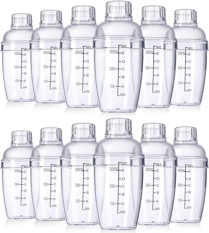 Lallisa 12 Pcs Plastic Cocktail Shaker Drink Mixer with Scales and Strainer Top Clear Shaker Cup with Measurement Plastic Mixing Tool for Tea Coffee Bubble Tea Milk(350 Cc/ 12 oz)