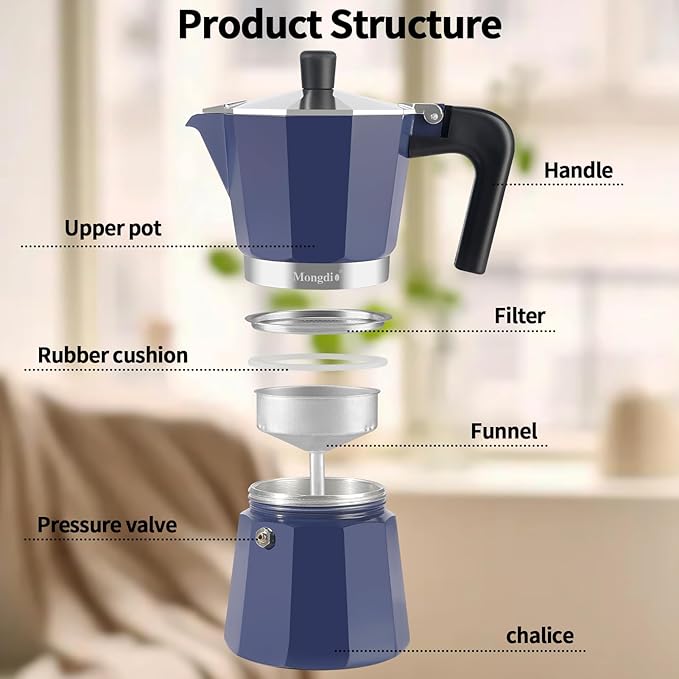 Mongdio Stovetop Espresso Maker Moka Pot, Stove Top Cuban Coffee Maker, Italian Greca Mocha Pot, 6 Espresso Cups, 10 oz - Blue
