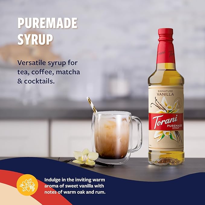 Torani Puremade Syrup, Signature Vanilla Flavoring for Drinks & Desserts, Pump Included, 25.4 Fl Oz
