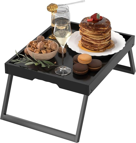 Bamboo Bed Tray Table with Foldable Legs, Breakfast in Bed Tray for Eating, Kitchen Serving Trays, Folding Table for Sofa, Beds, Eating, Working, Used As Laptop Desk Snack Trays, Black